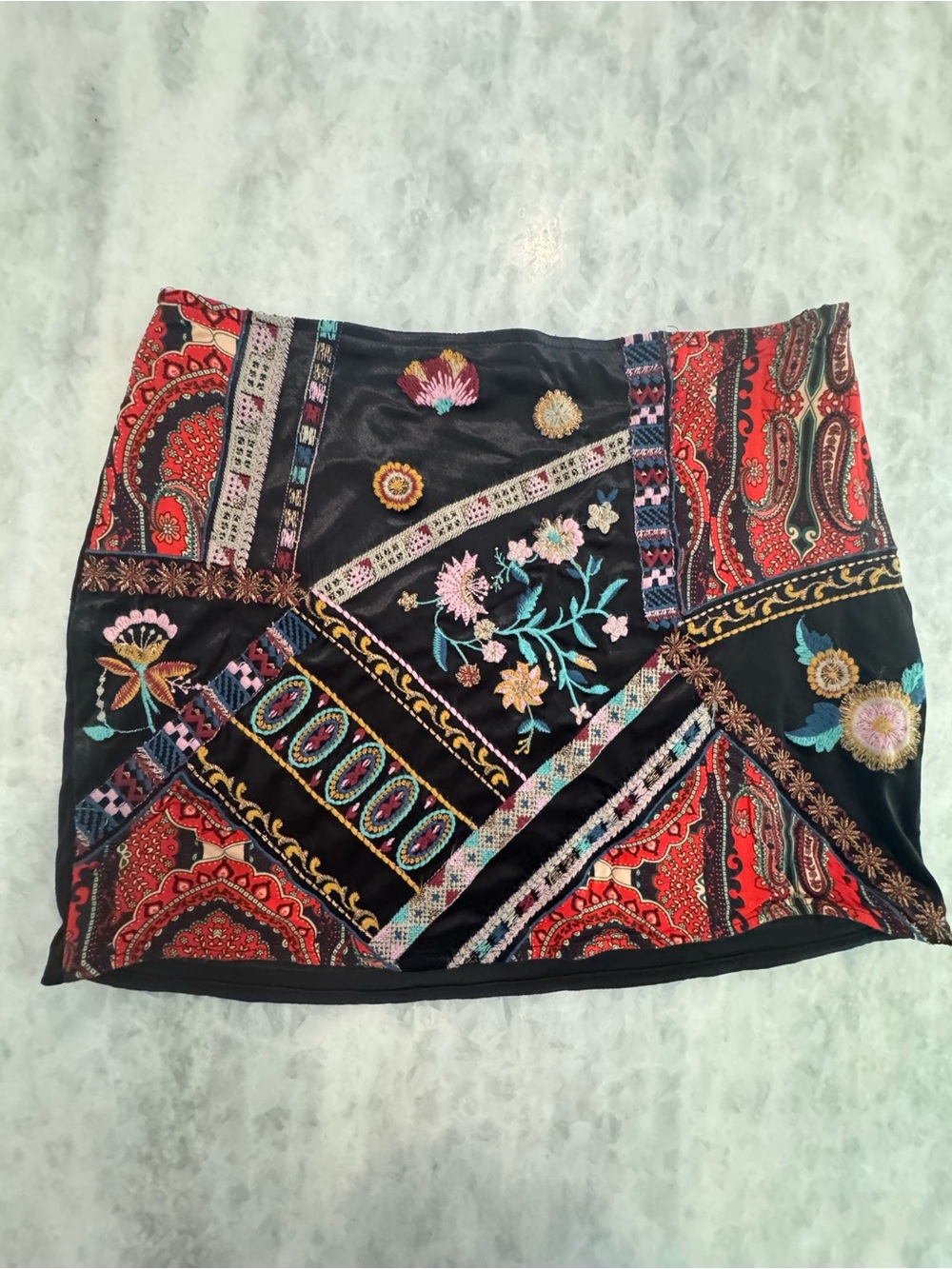 Zara Black Mini Skirt with Red Paisley Patchwork and Multicolor Embroidery